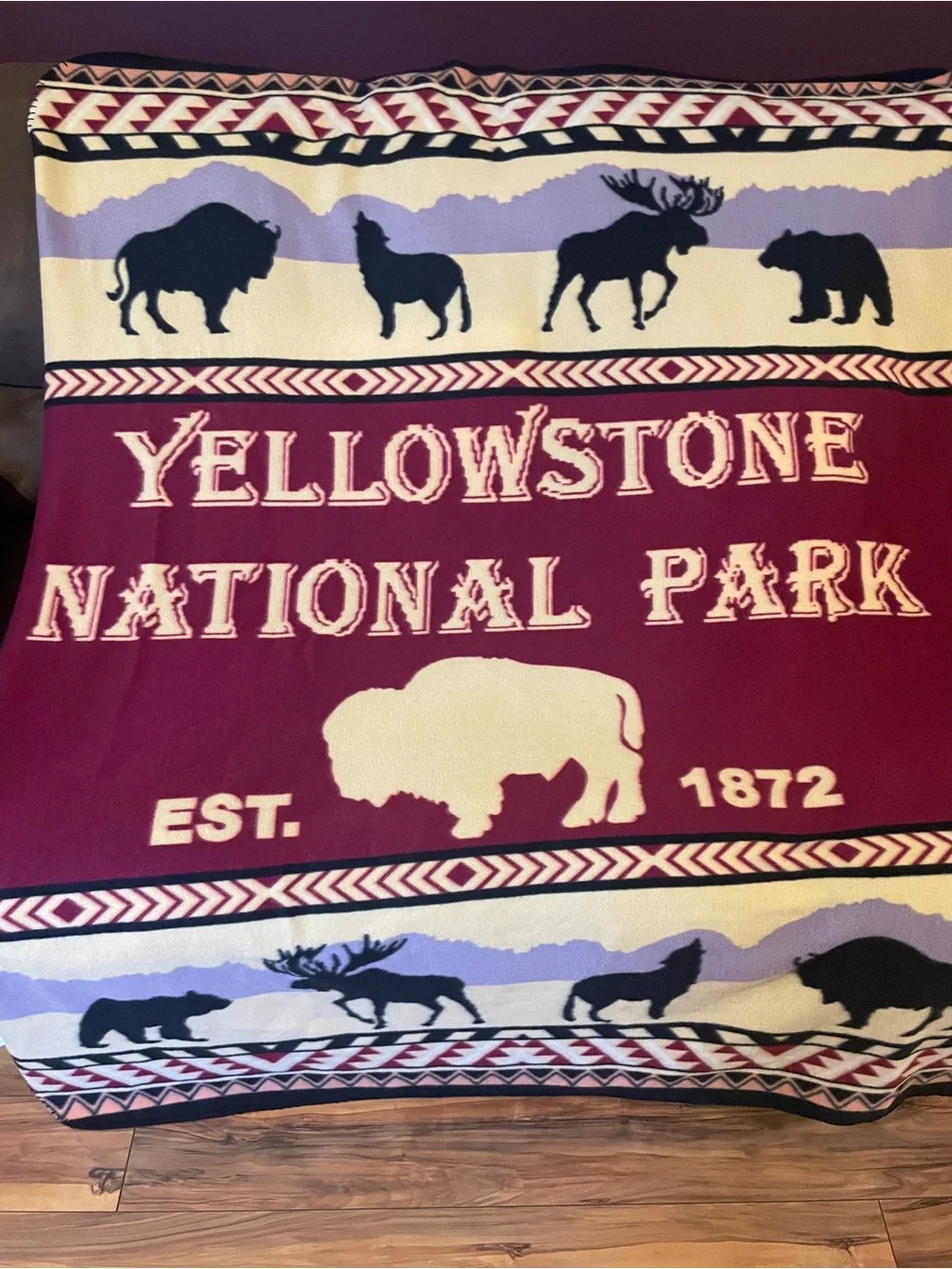 Yellowstone National Park Blanket - Maroon, Cream, Lavender 48” X 60”